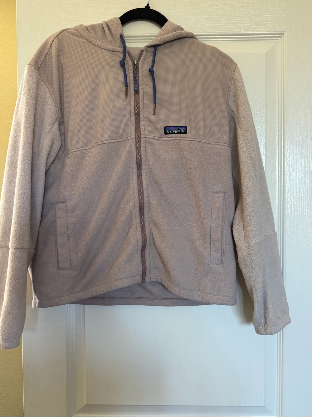 Patagonia Lightweight Hooded Fleece Jacket in Beige with Blue Drawcords